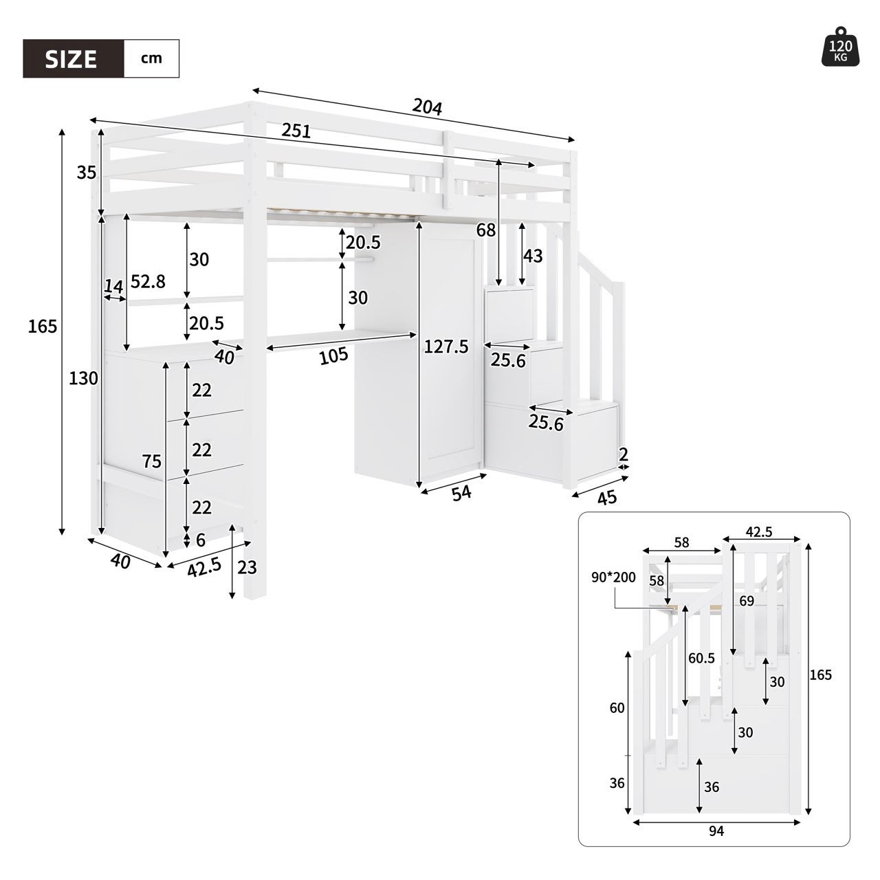 Lit superposé enfant 90 x 200 cm avec bureau, armoire et rangements, escalier sécurisé, bois massif blanc - 4