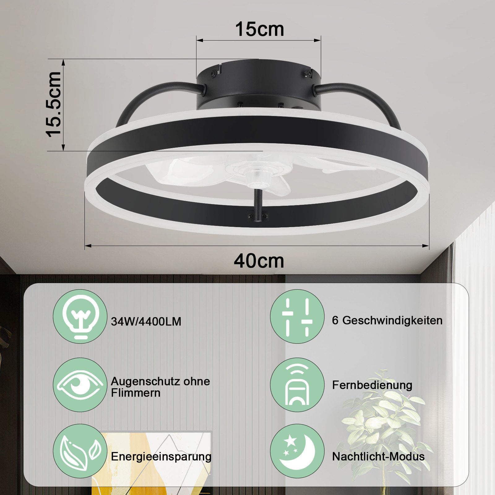 NETTLIFE Lampowentylator LED 34W 40cm, Cichy, Ściemnialny 3 Barwy Światła, 6 Prędkości z Pilotem do Sypialni i Salonu Nowoczesny - 4