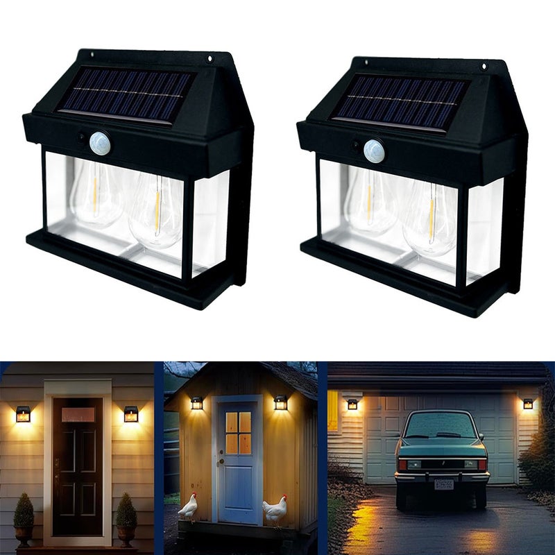 Solarne kinkiety ścienne, wodoodporne lampy z czujnikiem ruchu, 2 sztuki solarnych lamp gankowych, ciepłe światło