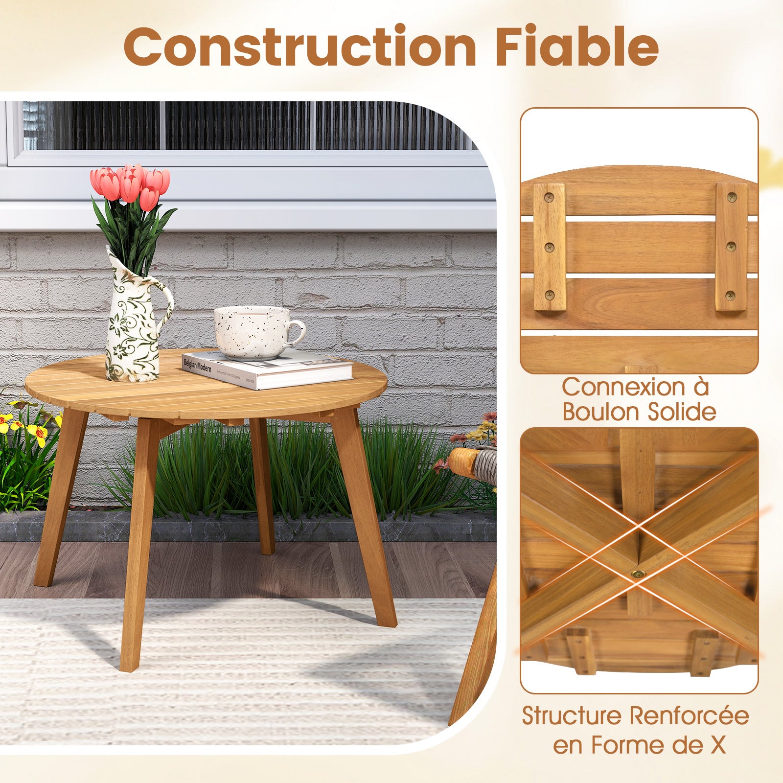 Table Basse Jardin en Bois d'Acacia, Table d'Appoint Ronde avec Plateau à Lattes&Structure Renforcée X, Montage Simple, Charge 75kg, 62x62x40cm - 2