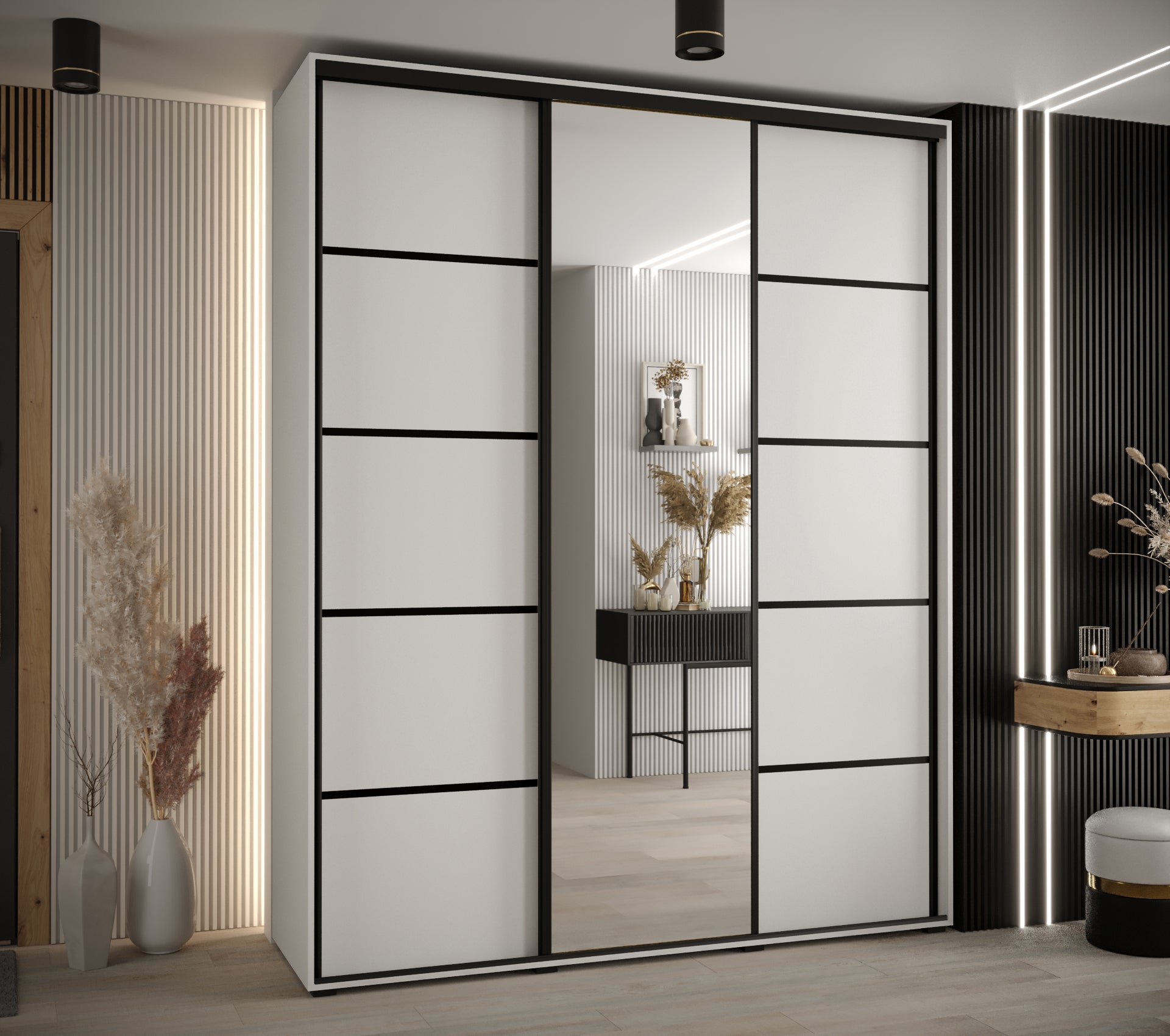 Szafa przesuwna z lustrem wysoka Davos 5 190 x 60 x 235,2 cm biały + biały + u. czarny - Abiks Meble - 2