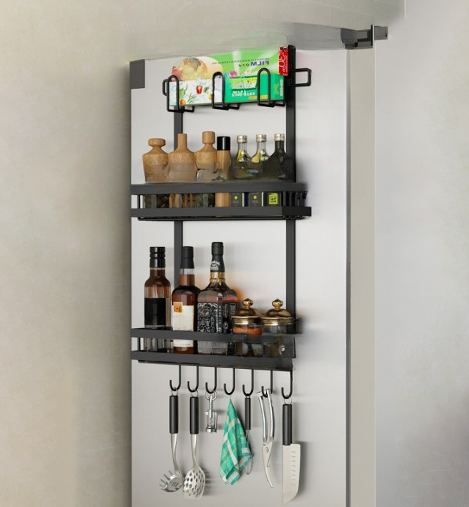 Uchwyt ścienny do lodówki, półka na lodówkę, stojak na przyprawy kuchenne, bez wiercenia, czarny, 39*9,2*70 cm