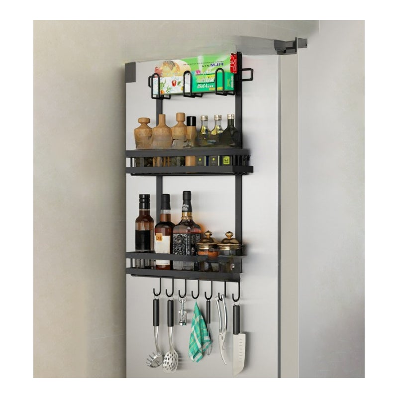 Uchwyt ścienny do lodówki, półka na lodówkę, stojak na przyprawy kuchenne, bez wiercenia, czarny, 39*9,2*70 cm