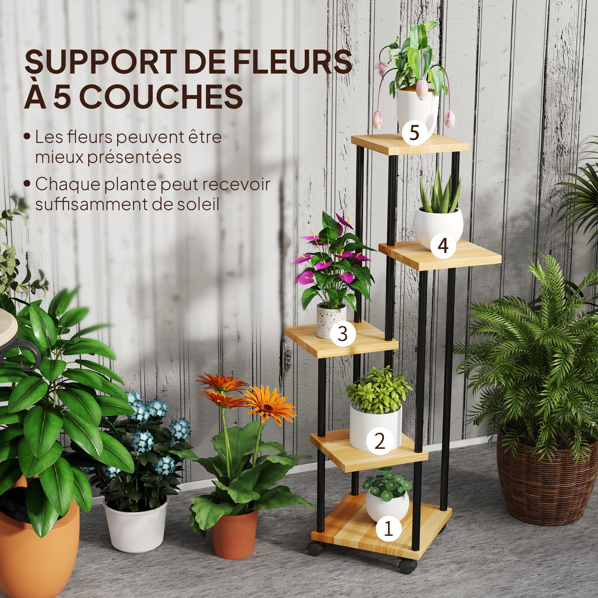 Support à plantes à 5 niveaux pour intérieur et extérieur, étagère plante avec 4 roues en acier et bois bois naturel - 6