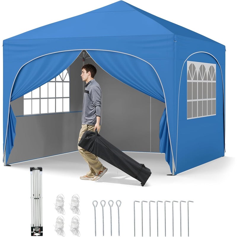 Składana Altana 3x3 z 4 Zdejmowanymi Ściankami | Składany | Przenośny Namiot Imprezowy | Worek z Piaskiem | Kołki i Lina | Torba na Kółkach, Niebieski