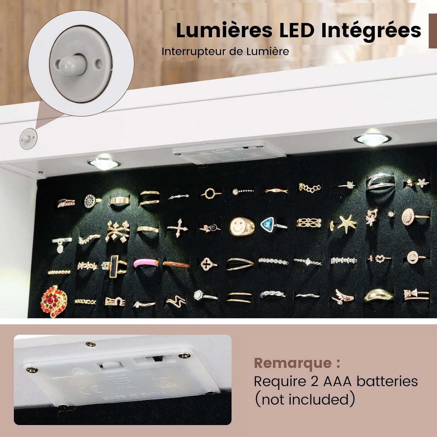 Armoire à Bijoux, Organisateur de Bijoux Debout avec Miroir Pleine Longueur, 4 Angles Inclinables Réglables, 5 Étagères et 2 Tiroirs (Blanc) - 5