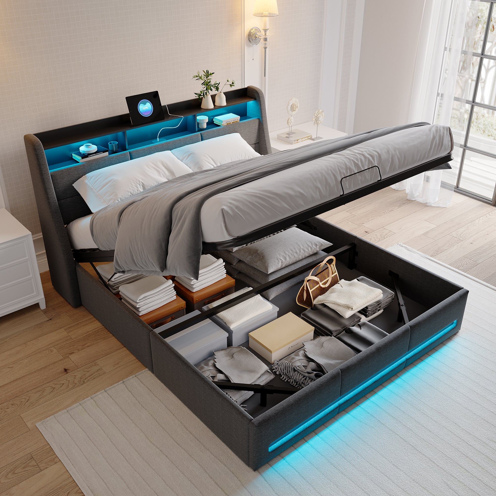 Lit 140x190 avec Sommier LED et USB, Lit Coffre avec Rangement et Tete de Lit, Gris - 3