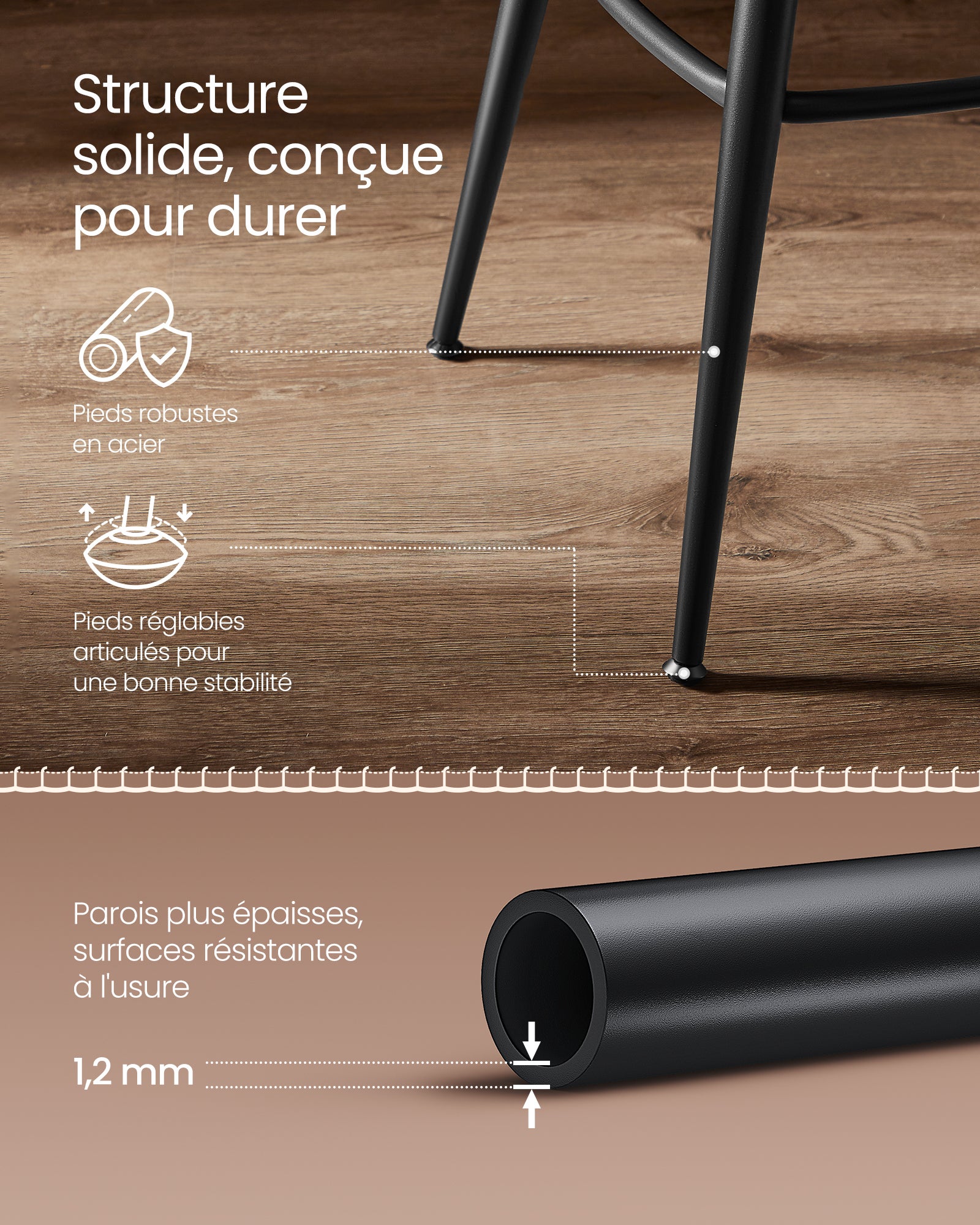 Tabouret de Bar, Lot de 2, Siège Rembourré, PU avec Coutures, Style Moderne Mi-siècle, Hauteur 65 cm, Marron Caramel - 4