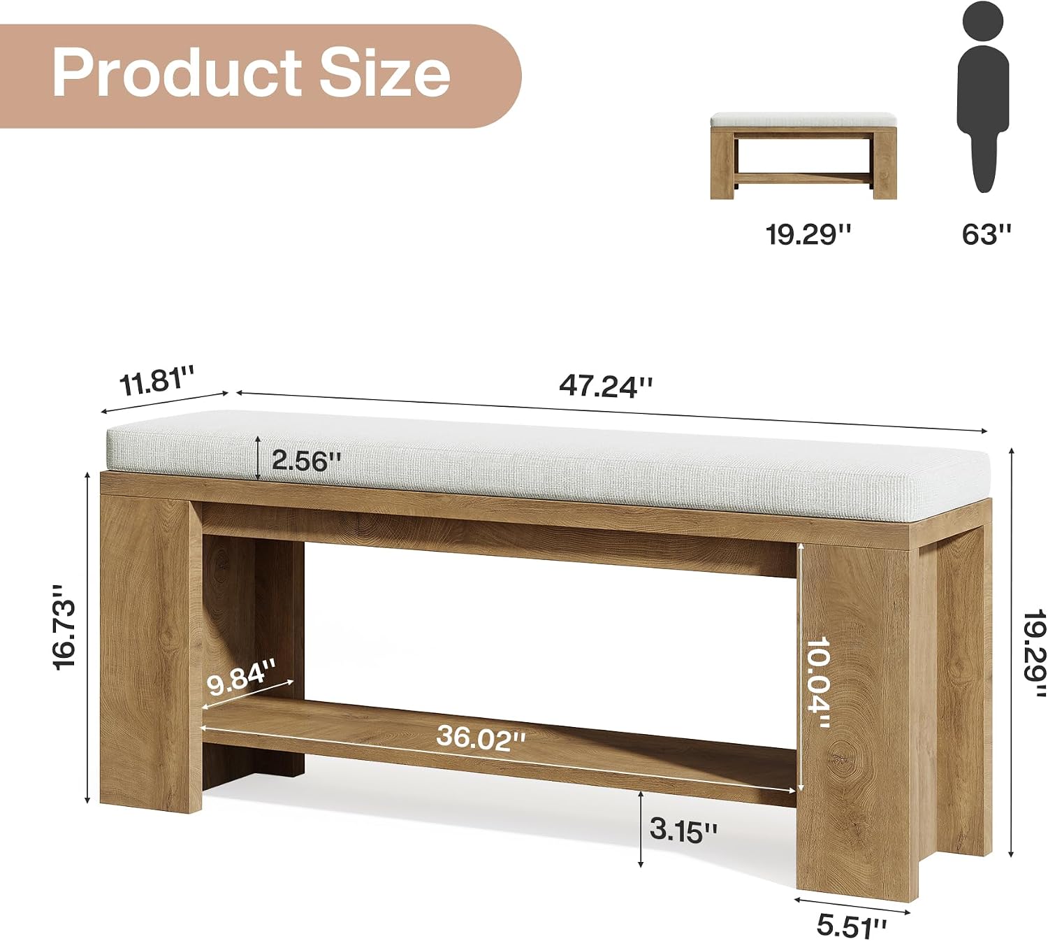 Tribesigns Banc campagne 120cm avec coussin, pied de lit, hall/entrée/chambre. - 2