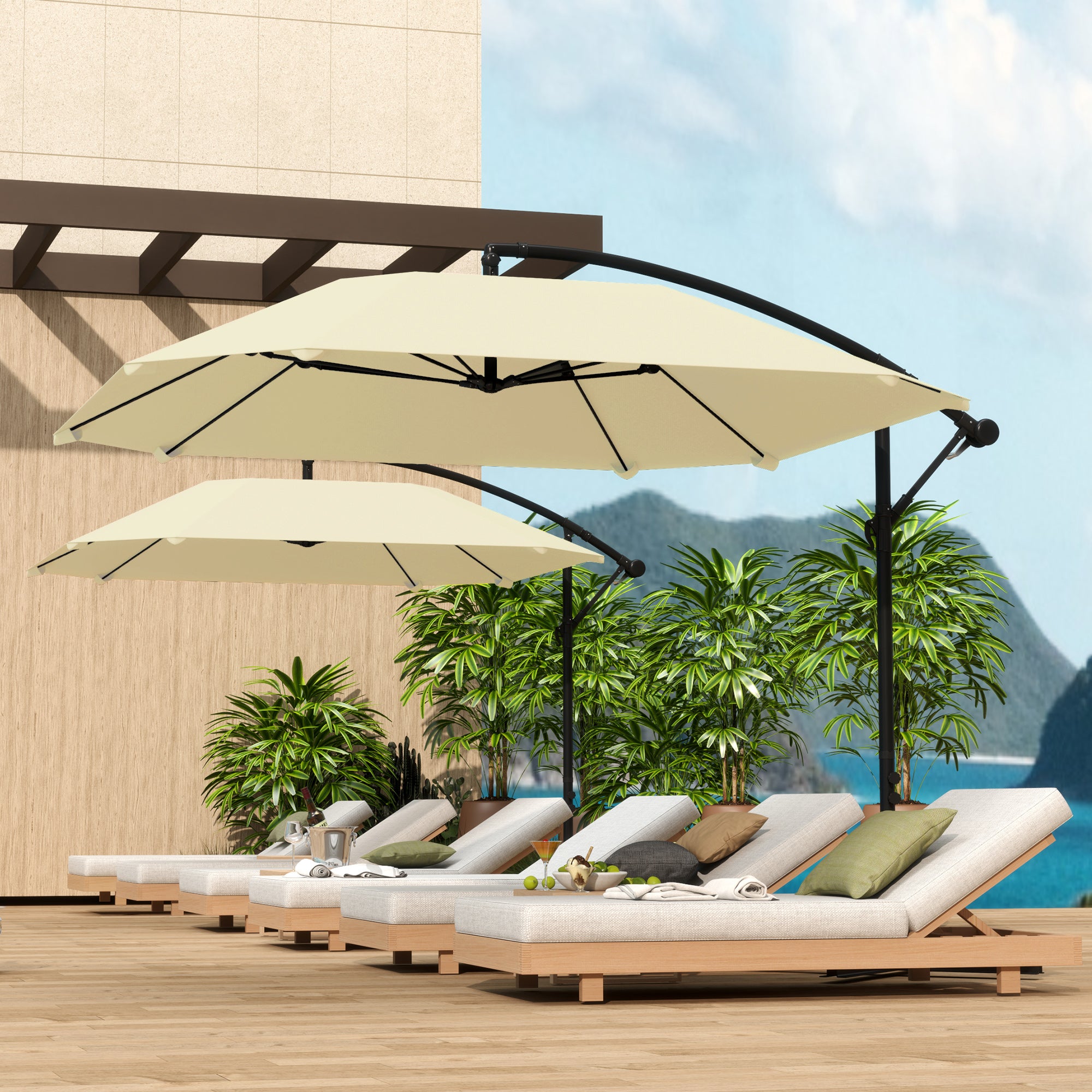 Parasol déporté aluminium Ø 260 cm parasol, parasol à manivelle étanche avec pied, manivelle, protection contre le vent, beige - 2