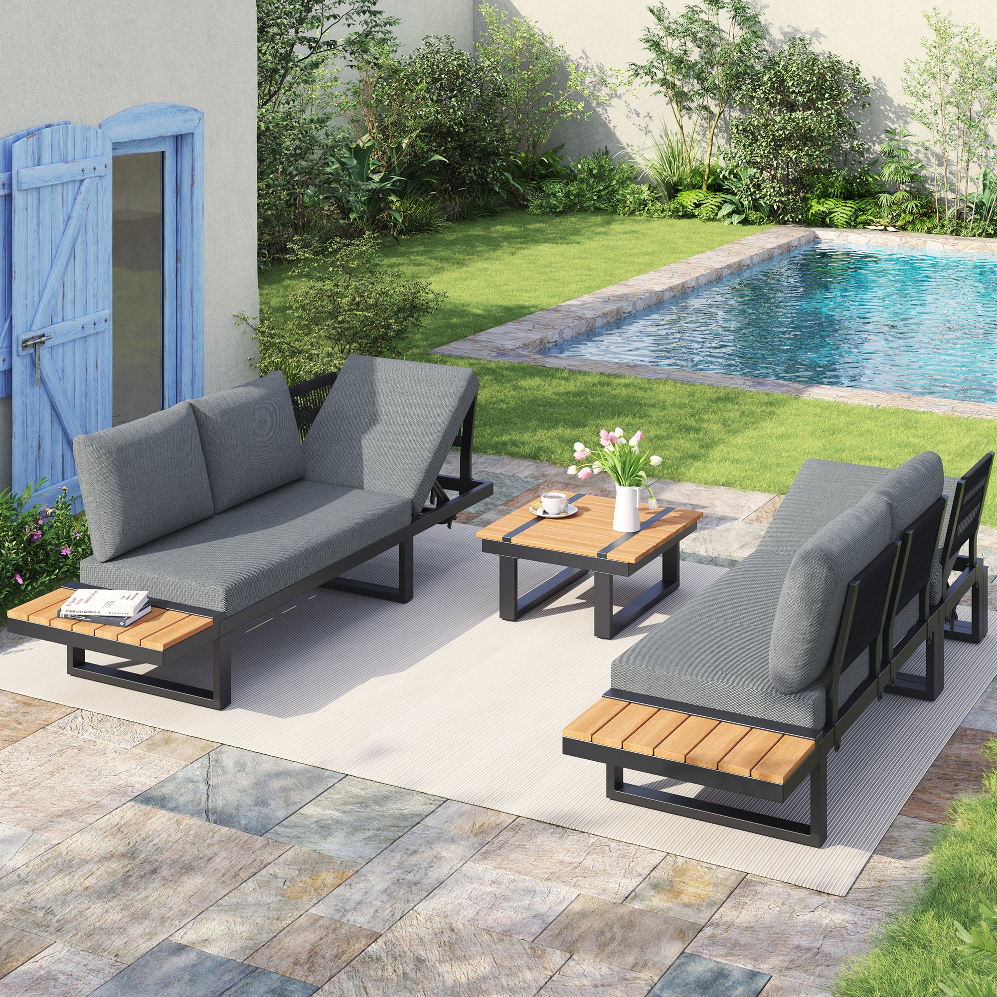 Ensemble de mobilier de jardin convertible en 2 lits de jardin inclinables, position d'angle, avec fonction d'inclinaison réglable (5 positions - 3