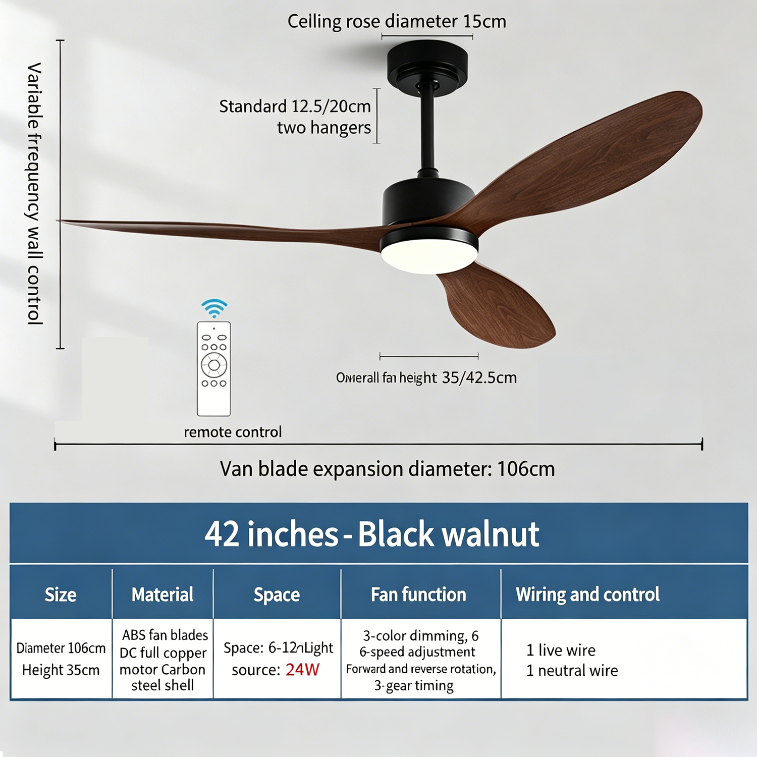 Ventilateur de plafond de 106 cm avec lumière et télécommande, moteur CC silencieux, 6 vitesses, 3 températures de couleur, minuterie - 5