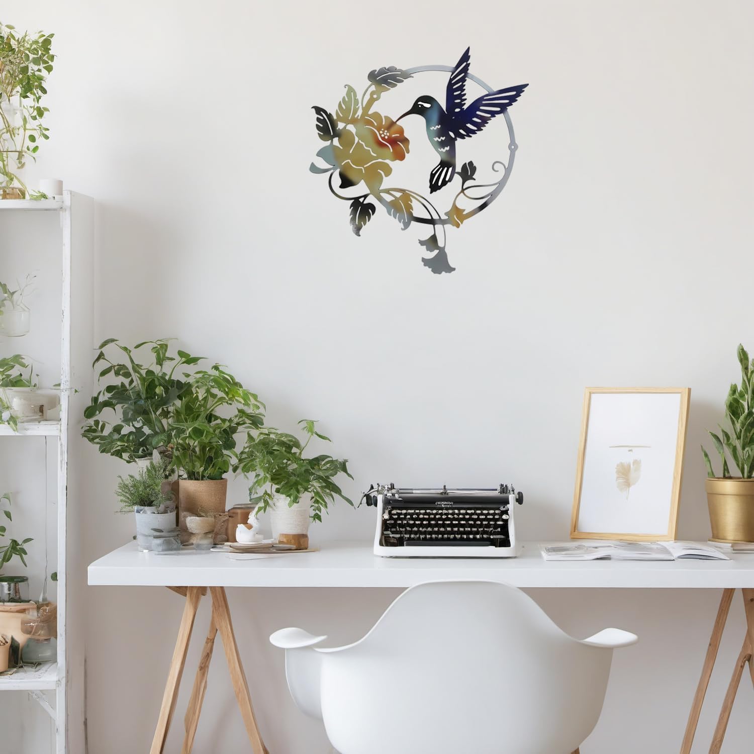 Art Mural d'Oiseaux en Métal, Décoration Murale Ronde de Colibri, Fleurs d'Extérieur, Ornement à Suspendre pour la Maison et le Jardin - 5