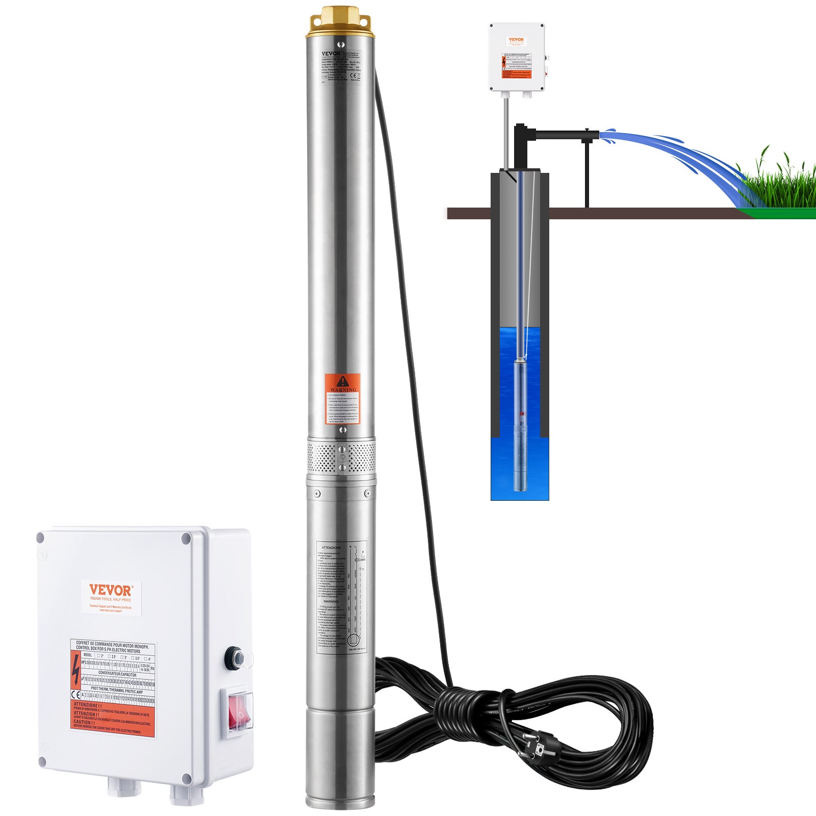 Pompa głębinowa pompa studniowa 2200 W 9,8 m³/h 144 m Zewnętrzna skrzynka sterownicza VEVOR