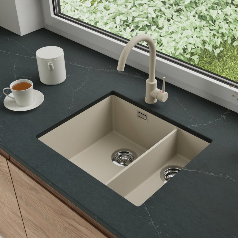 Zlewozmywak podblatowy 56x47cm, do szafki od 60cm + Bateria + Syfon - Agate Beżowy STONESTYLE