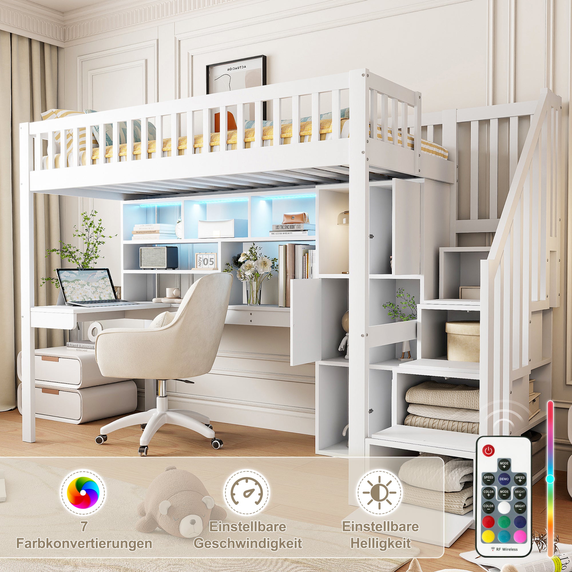 Lit mezzanine en bois 90x200cm, Lit superposé avec escalier de rangement et bureau, éclairage LED, lit d'enfant avec sommier à lattes, blanc - 5