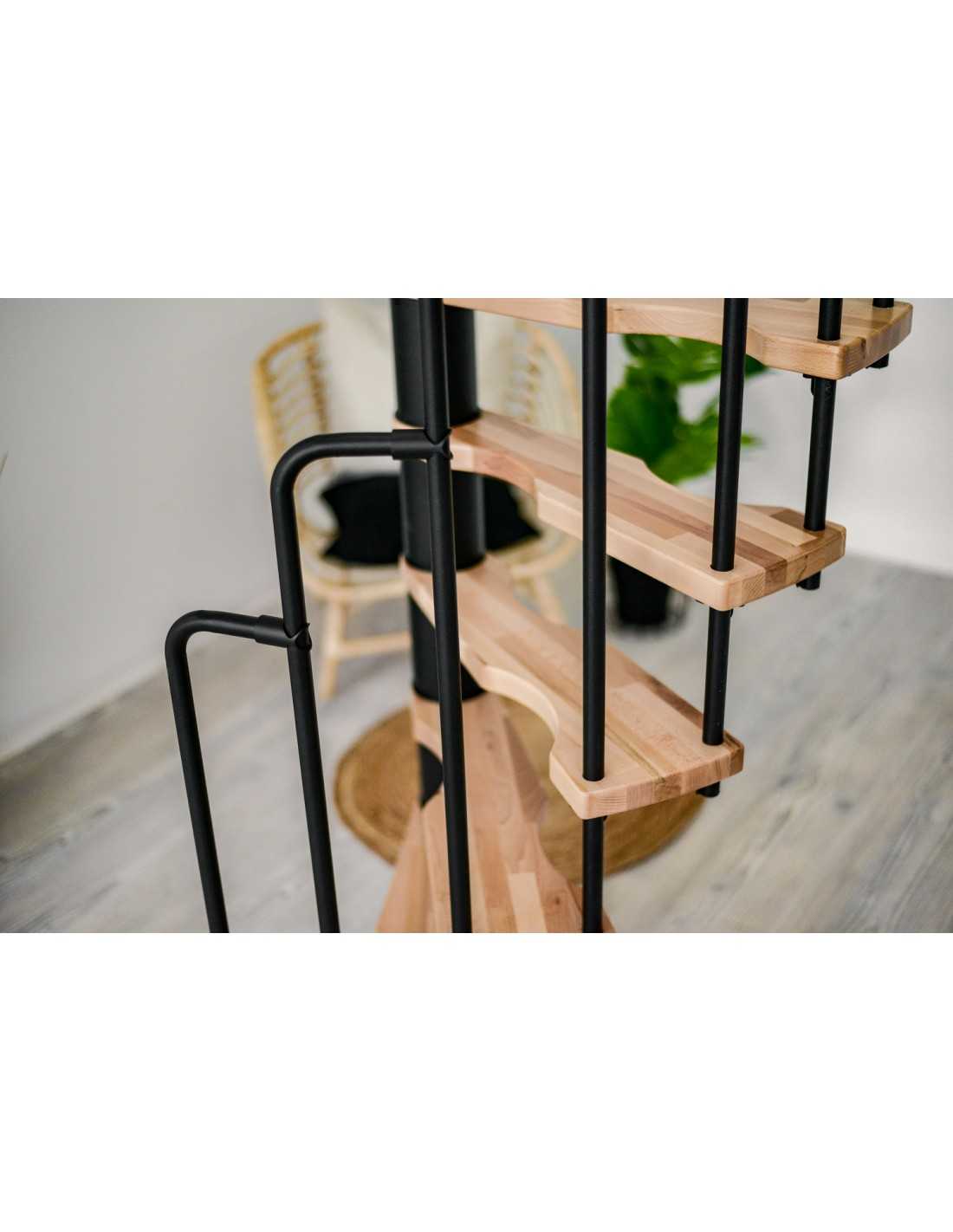 Escalier colimaçon 12 marches - Hauteur à franchir 2.47 à 3.05m - Structure noire et marche hêtre - Diamètre 140cm - SUON140/NH-12 - 3