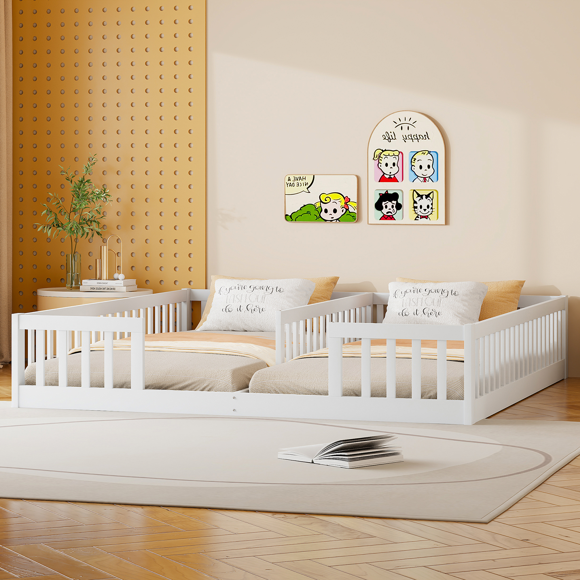 Montessori Lit de sol 90 x 200 cm avec barrières de sécurit, lit d'enfant 2 place, lit en bois avec sommier à lattes, blanc (sans matelas) - 4