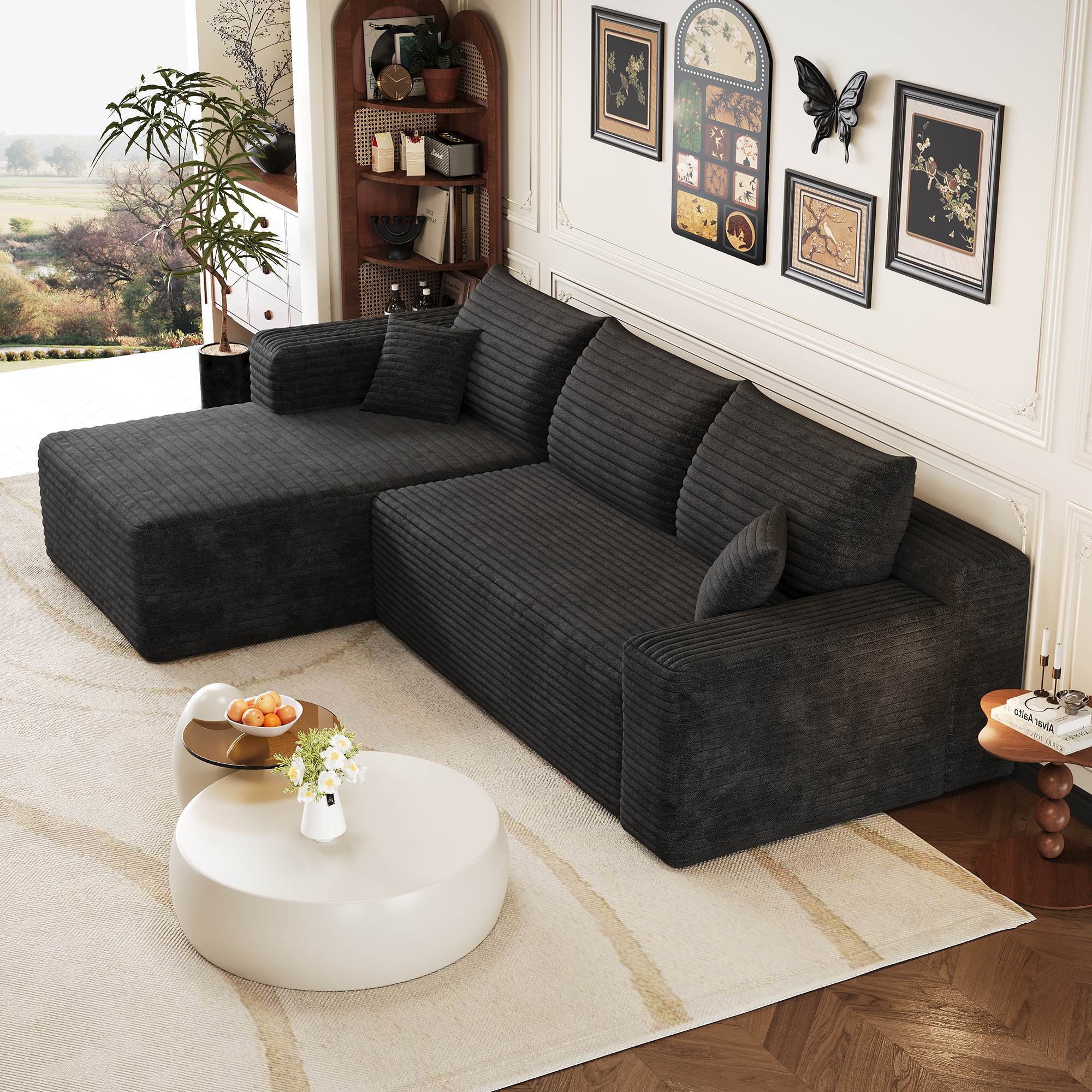 Canapé d'angle Cloud 241 cm en velours côtelé noir assise profonde méridienne confortable sans montage salon moderne minimaliste - 3