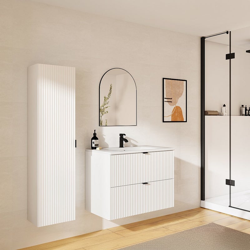 Szafka łazienkowa wisząca w paski z umywalką do zabudowy i słupek – biały matowy – 80 cm – ZEVINI