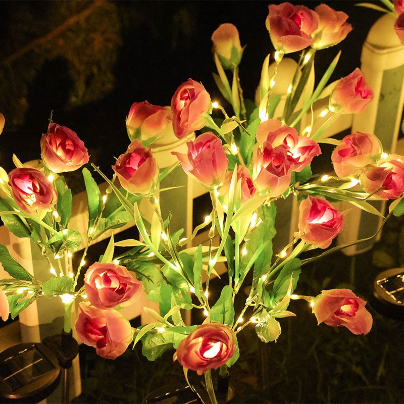 2 Luces Solares Jardín Con Flores De Rosa - Decoración Impermeable IP65, Ideal Para Camino Y Patio