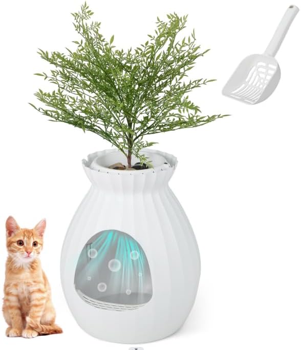 Bac à Litière para Gato 63L, Controle de Odores, Mobiliário Litière Gato Escondido com Planta Falsa, Galetes, Cordão de Porta, Pele, 50x50x59cm (Branc