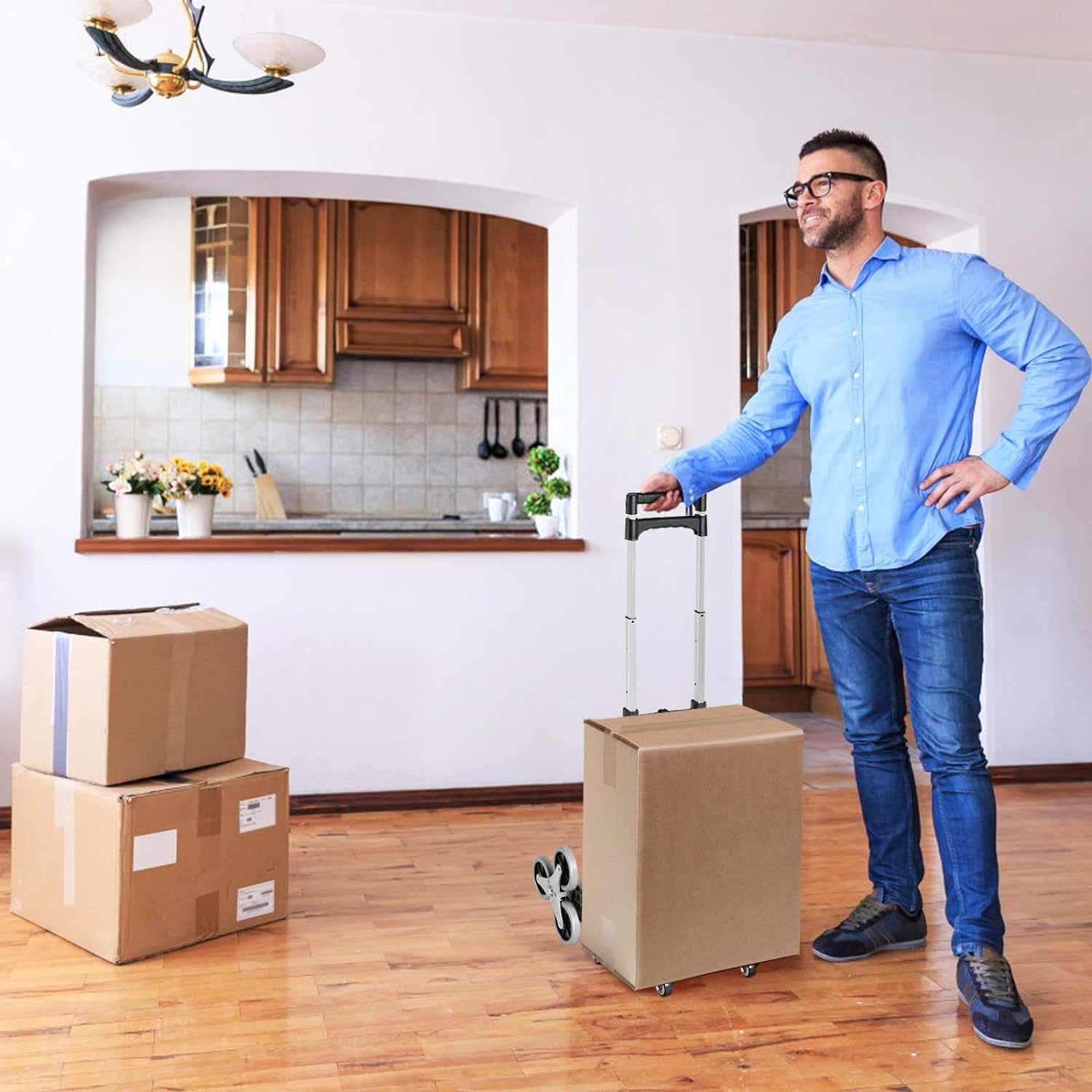 Diable Pliable 3 Roues en Aluminium, Chariot d’Escalier avec Corde de Fixation, Poignee Telescopique en 3 Positions 63-106CM, Charge 80KG, Diable - 9