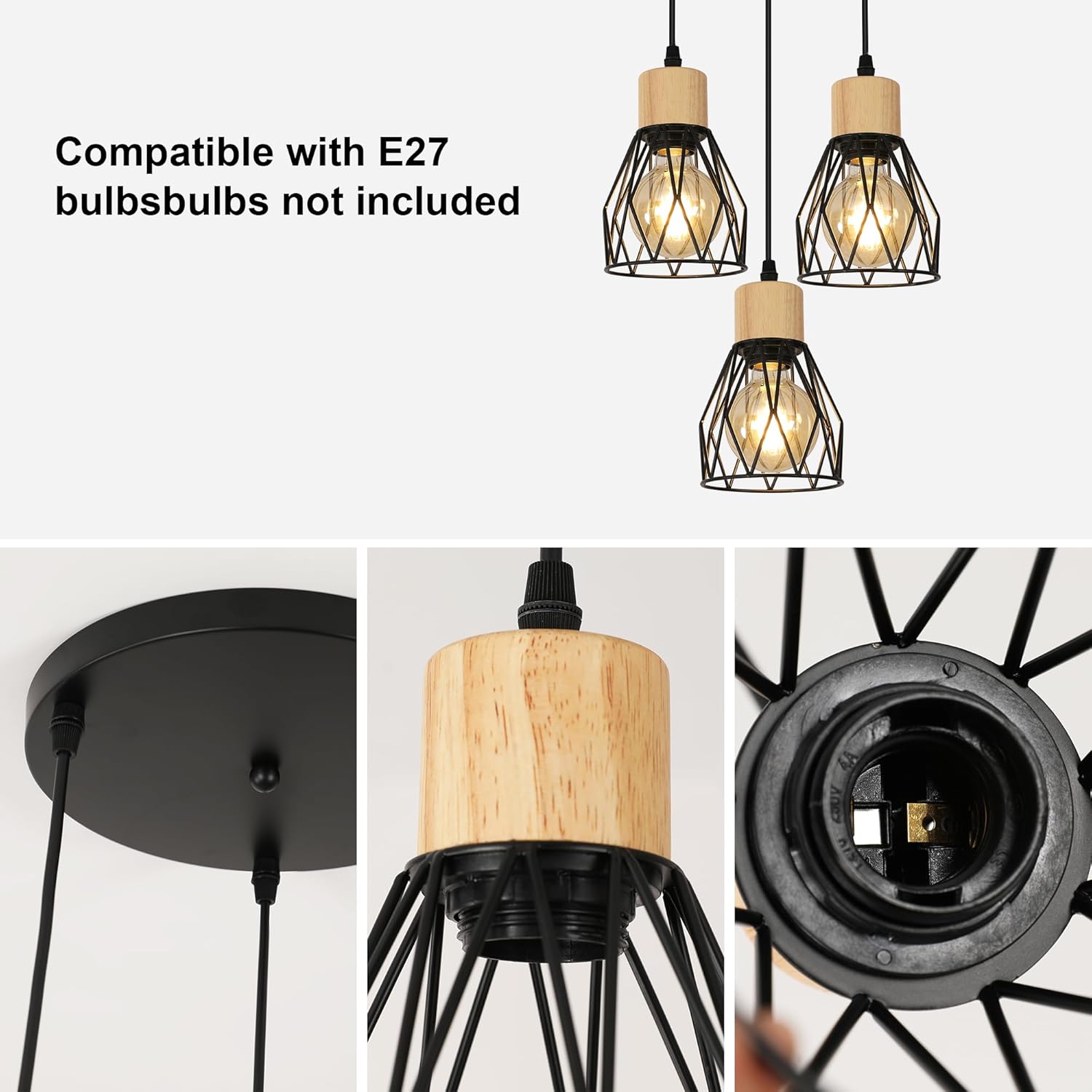 GOECO Suspension en Forme de Diamant avec Trois Abat-jours , Câble Ajustable 1m, Base E27(sans Ampoule) - 2