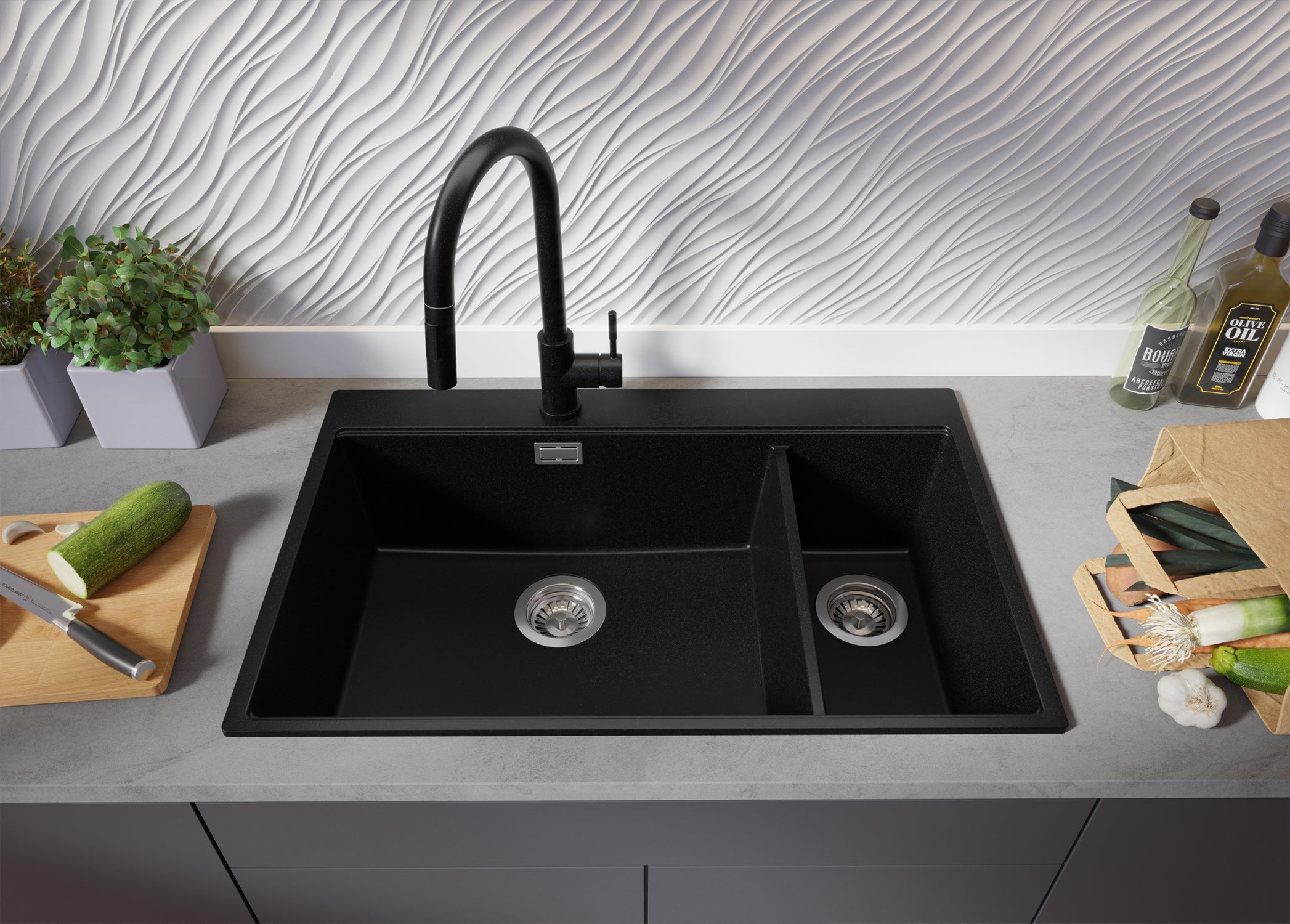Lavandino da Cucina Tutto Nero 78x50cm, Lavello in Granito a 2 vasche + Accessori, Lavabo da Cucina Incasso al mobile 80cm PRIMAGRAN - 3