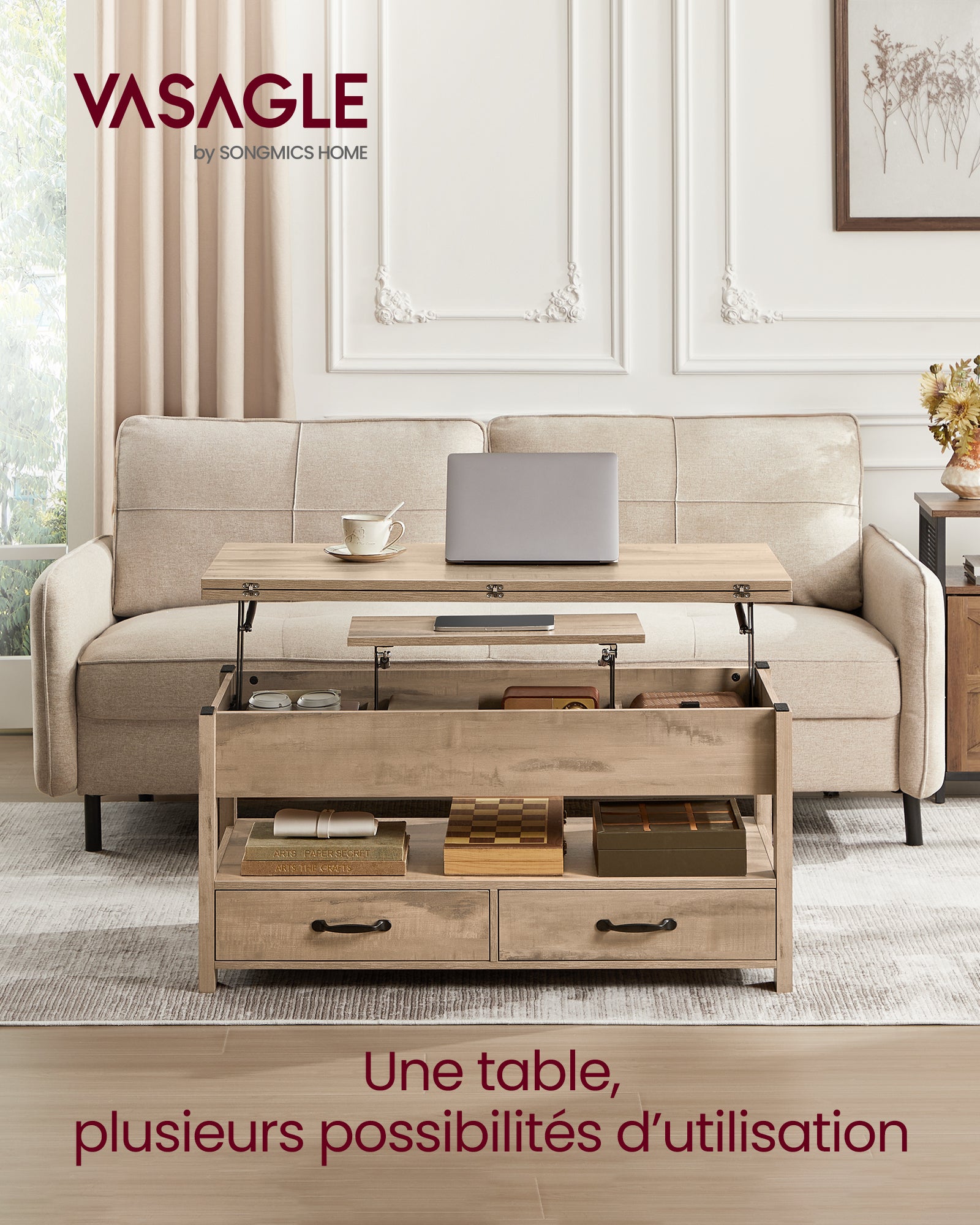 Table de Salon Relevable, Vérin à Gaz, 2 Tiroirs et 3 Compartiments sous Le Plateau, 1 Compartiment Ouvert, pour Salon, Bureau, Marron Camel - 2