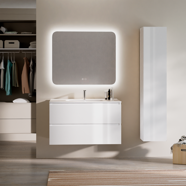 Feel Your Bath, Mobile Bagno PANTER Bianco 100 cm, 2 Cassetti, Lavabo Ceramica Integrato E Specchio Quadrato LED Antiappannamento