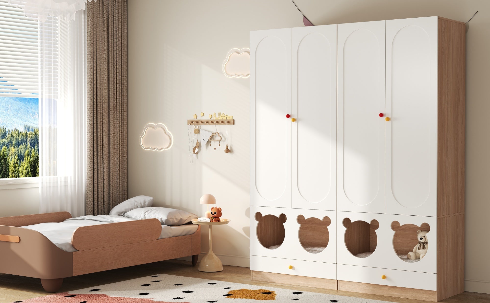 Armoire combinée avec 4 portes, barre à repasser et lit pour chat - 160x50x200 cm - panneaux aggloméré + poignées en céramique - Blanc + naturel - 9