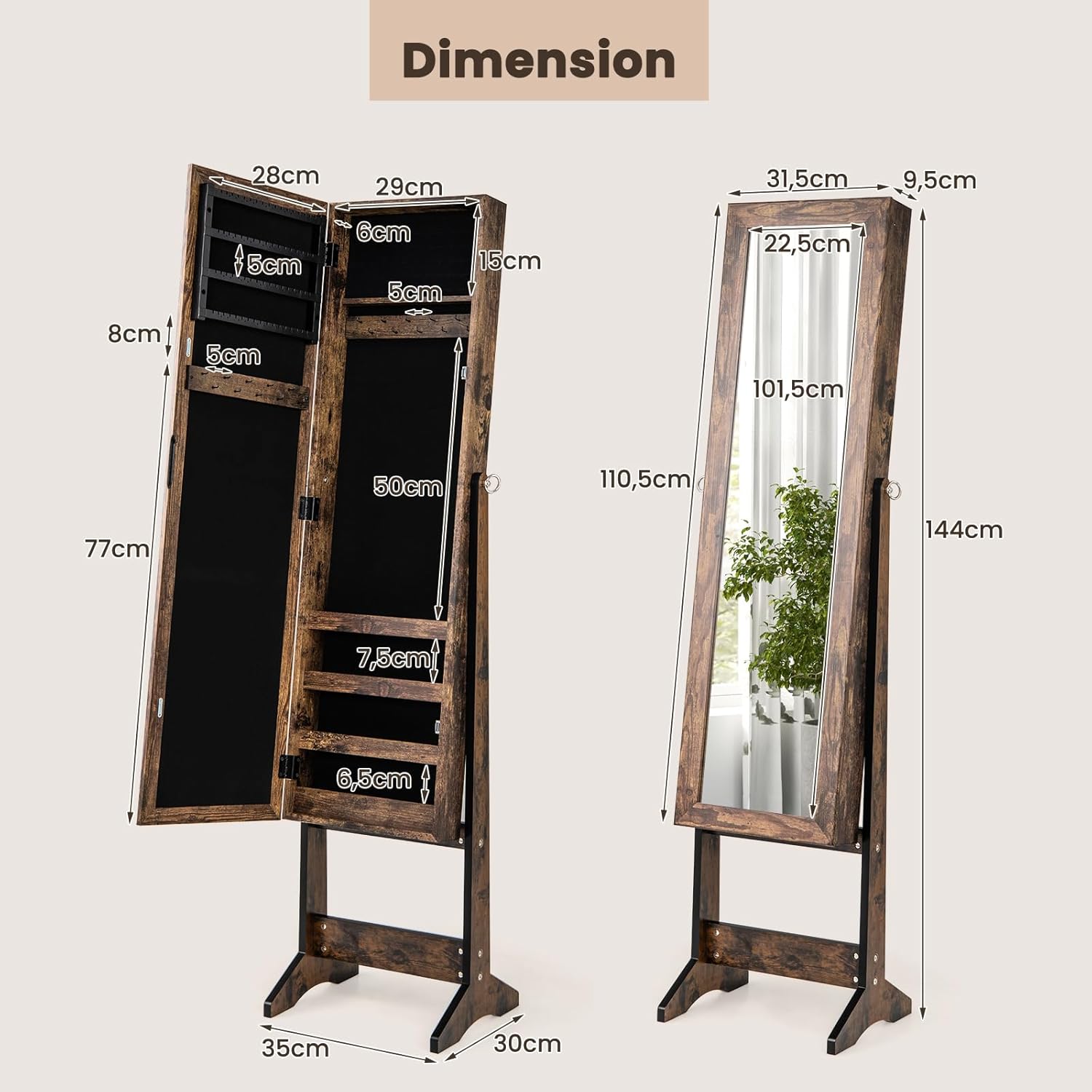 Armoire à Bijoux sur Pied avec Miroir Inclinable en 3 Positions, Convient pour Salon, Chambre et Porche (Marron Rustique) - 8