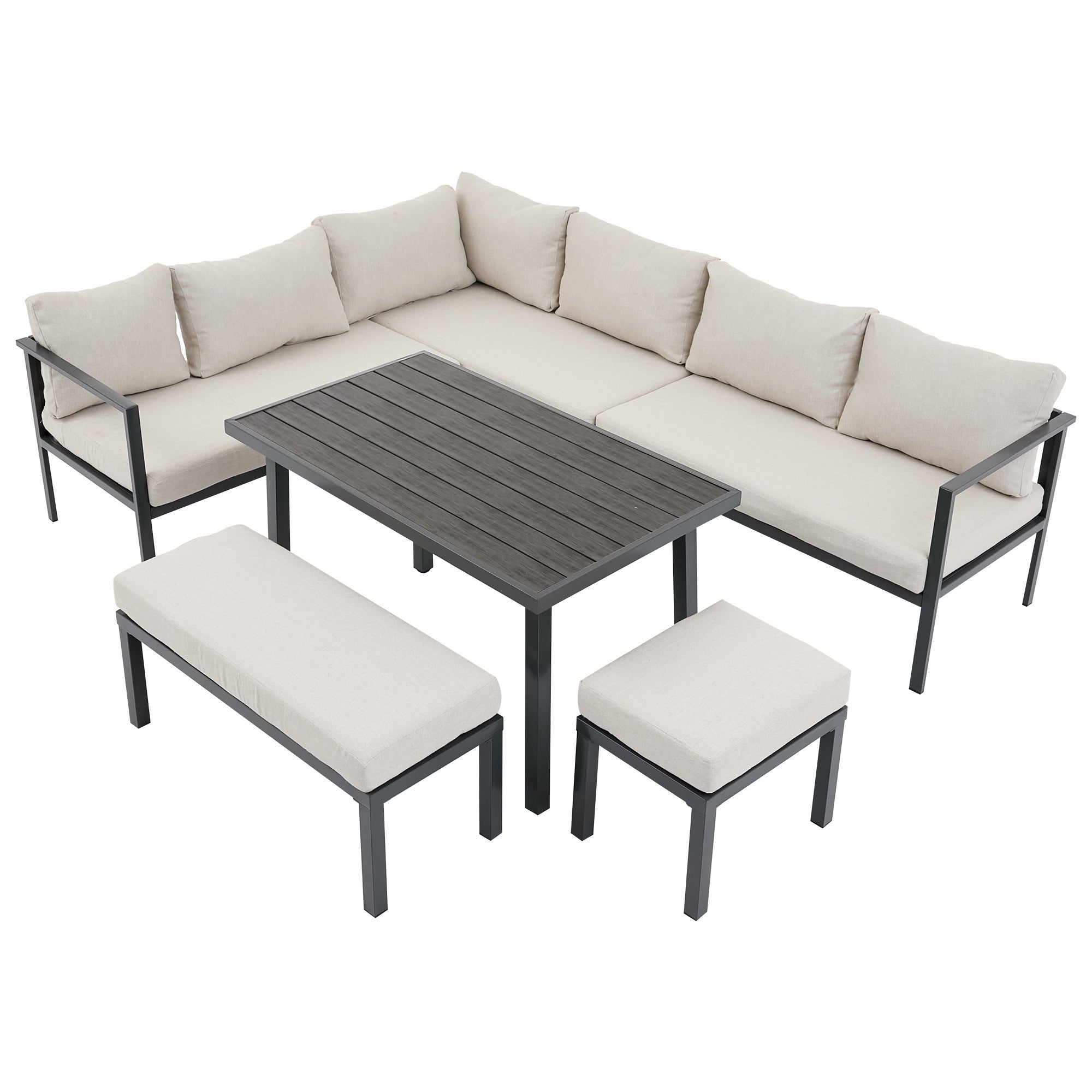 Conjunto de jardín de 9 plazas en acero galvanizado: mesa de comedor efecto madera + sofá esquinero de 5 plazas + banco + taburete - Gris - 9