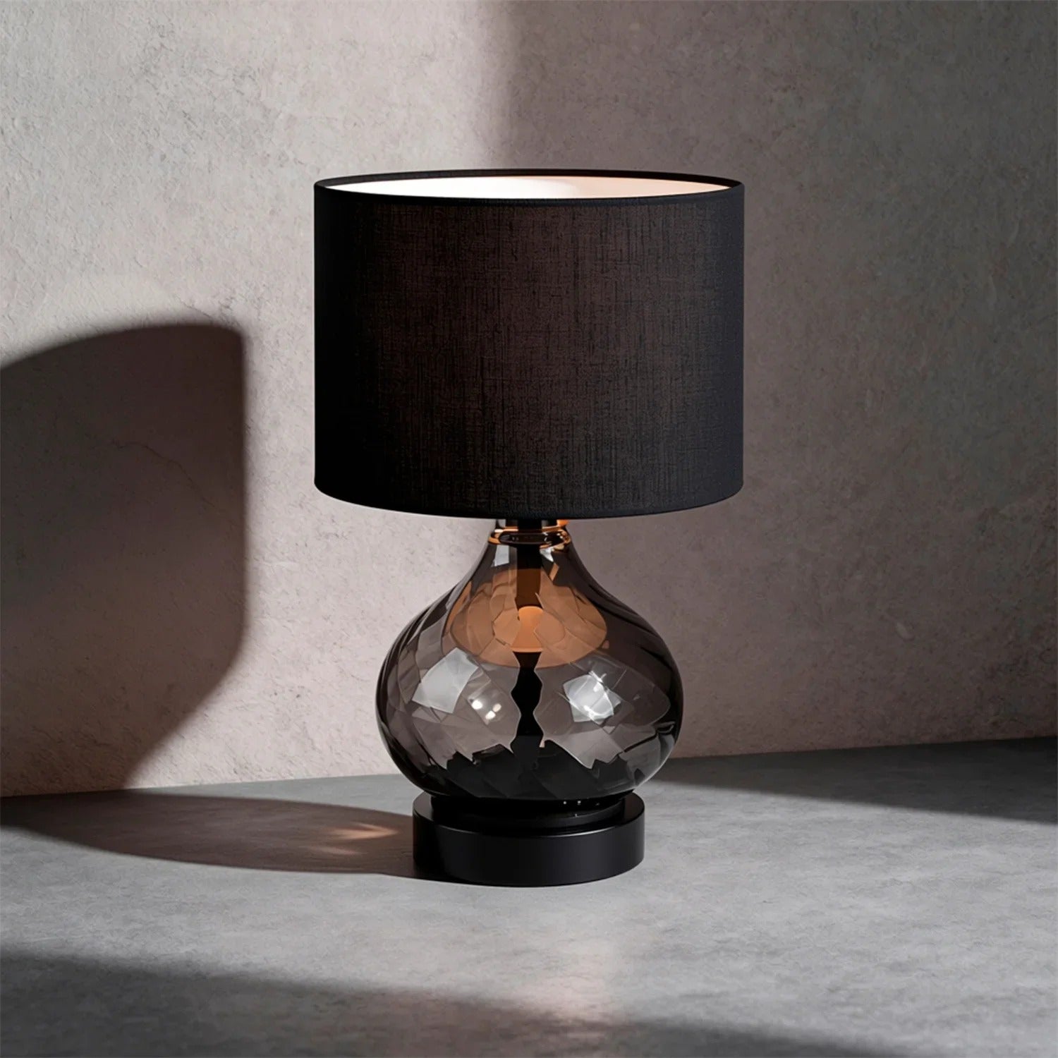 Lampa stołowa dekoracyjna dymiona szklana falowana podstawa cylindryczny czarny abażur do salonu przedpokoju 1xE14 25W PIRELO Rabalux