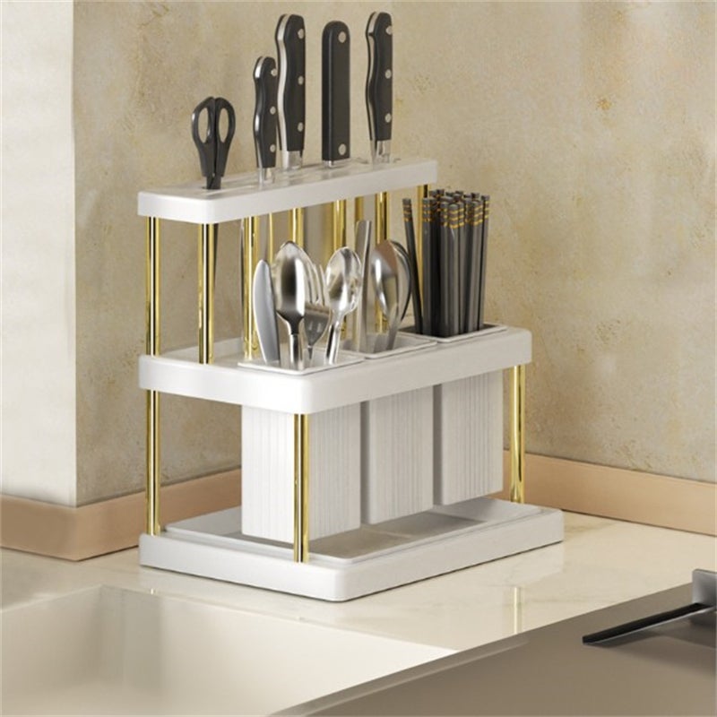 Wielofunkcyjny organizer kuchenny, plastikowy ociekacz na sztućce, uchwyty na noże i przybory kuchenne, model White Gold, 23*16*25cm