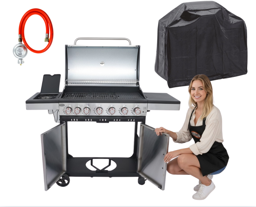 GRILL GAZOWY DEKRAFT INOX PREMIUM 6+1 (12,6 +2,5 kW) ruszt żeliwny + pokrowiec