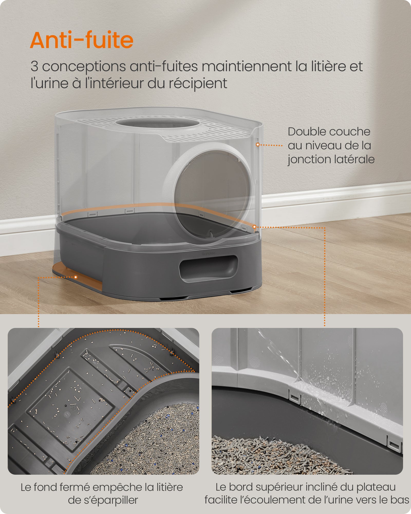 Bac à Litière, XXL, avec Couvercle, Plateau Amovible, Pelle, Brosse, Moins de Traces, Fond Anti-Fuite, Gris Tourterelle et Gris Ardoise - 6