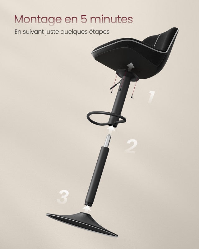 Lot de 2 Tabourets de Bar, Pivotants, Réglables en Hauteur, Dossier Ergonomique, Velours, Base Métallique, pour Îlot de Cuisine, Bar, Noir d'Encre - 7