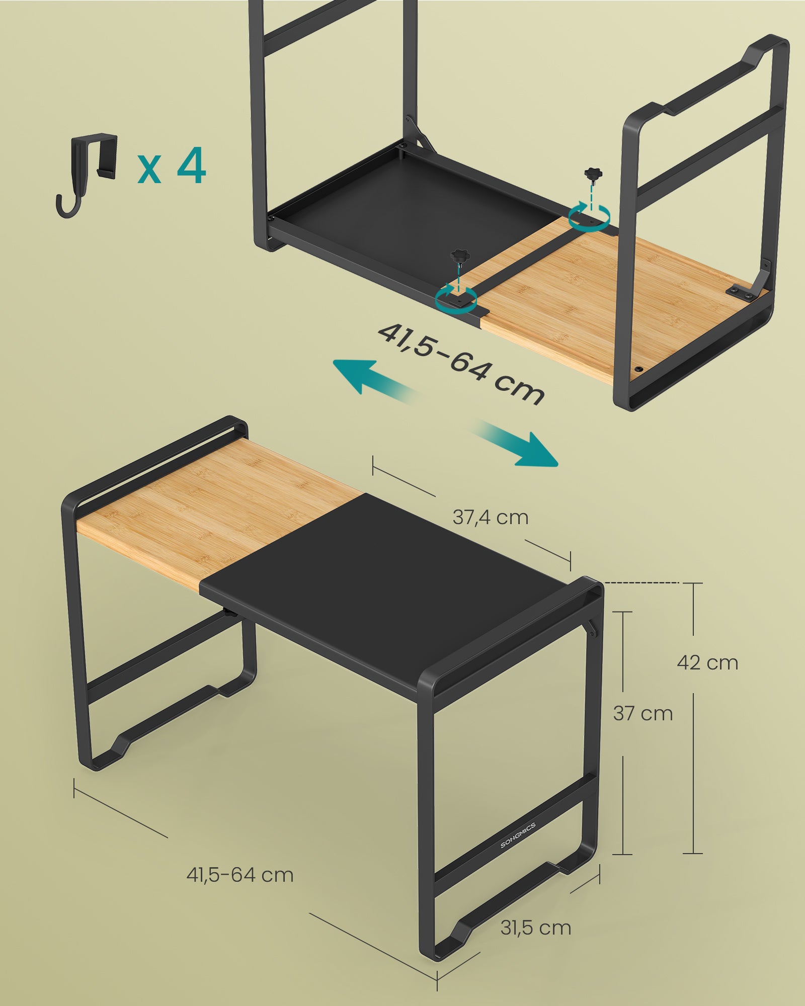 Estante Expandible para Microondas, Soporte para Microondas, Anchura Ajustable 41,5-64 cm, para Cocina, 4 Ganchos, Negro - 6