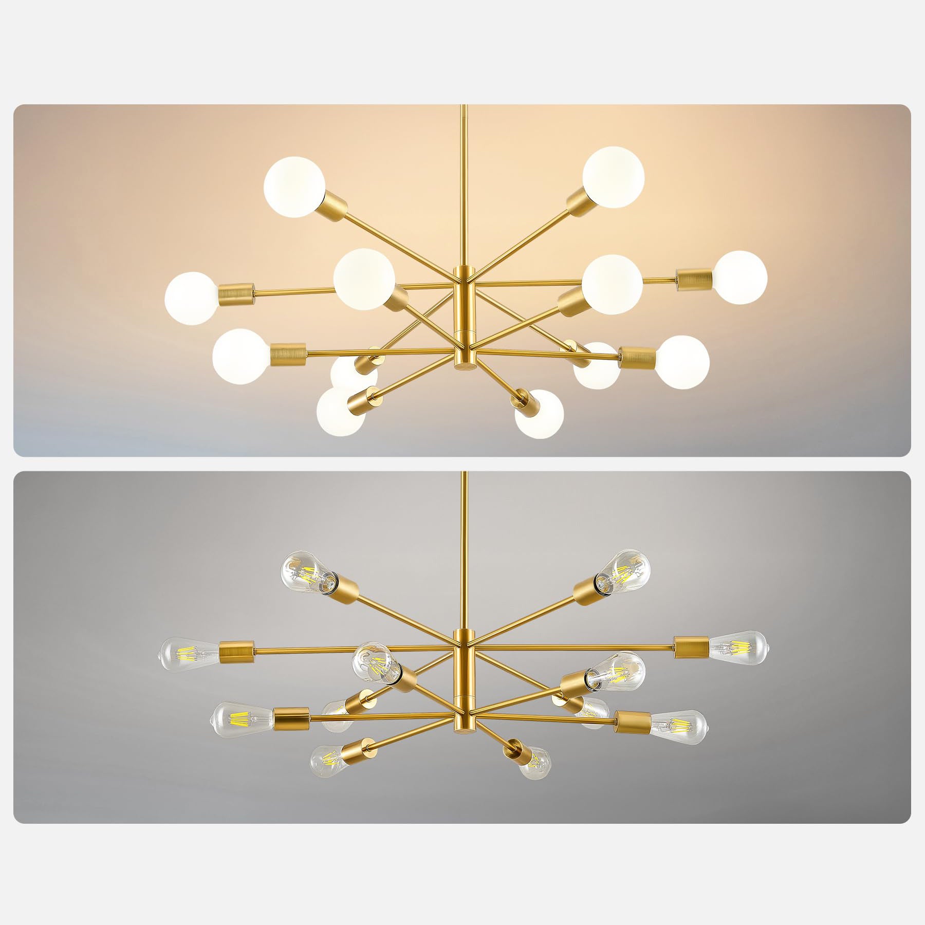 Nowoczesna lampa sufitowa, prosty, żelazny żyrandol molekularny w stylu retro, 12 głowic, kolor miedziany, bez źródła światła, E27 - 3