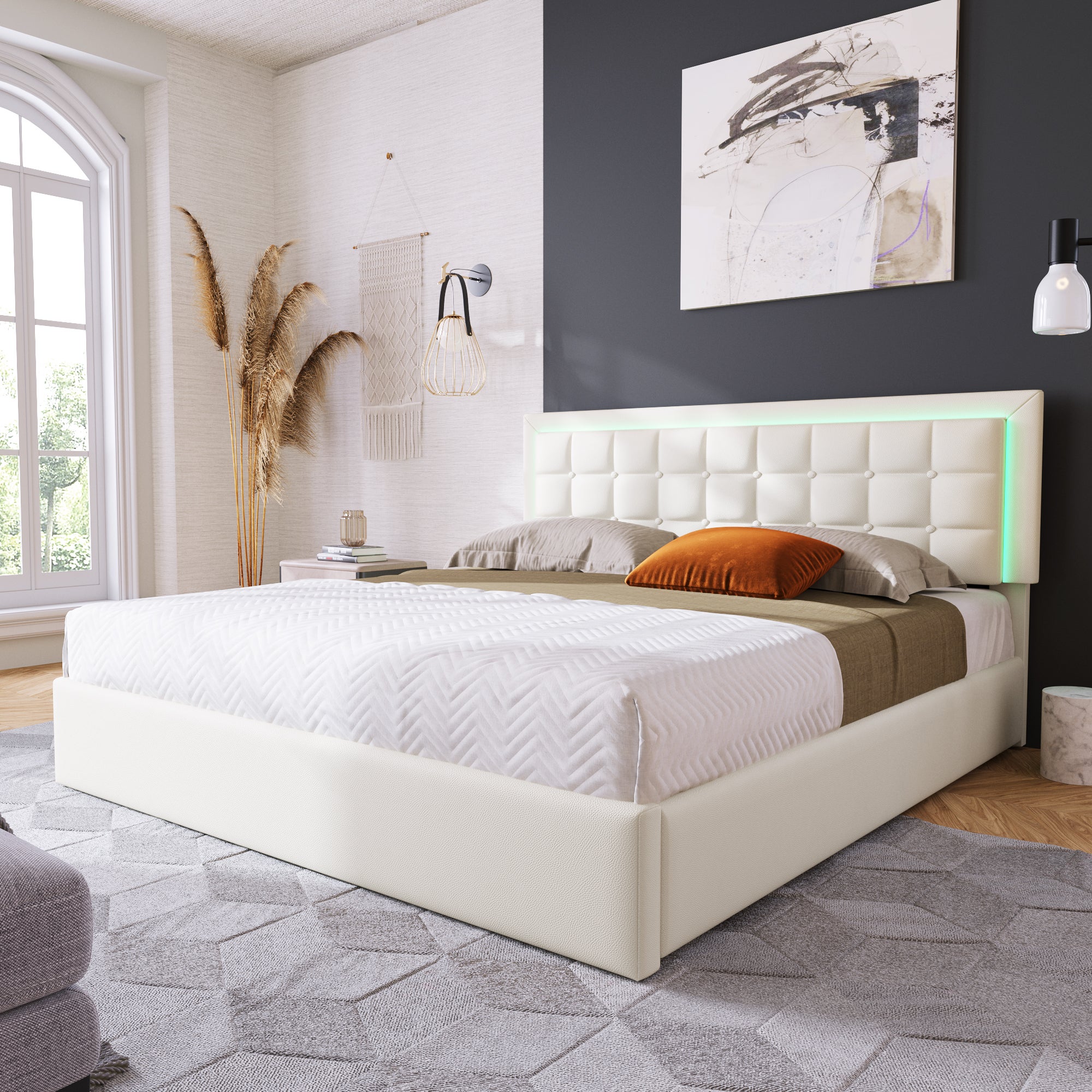 Łóżko tapicerowane podwójne z paskiem LED - podstawa z listew i schowek - rama łóżka 160 x 200 cm - wielofunkcyjne - białe