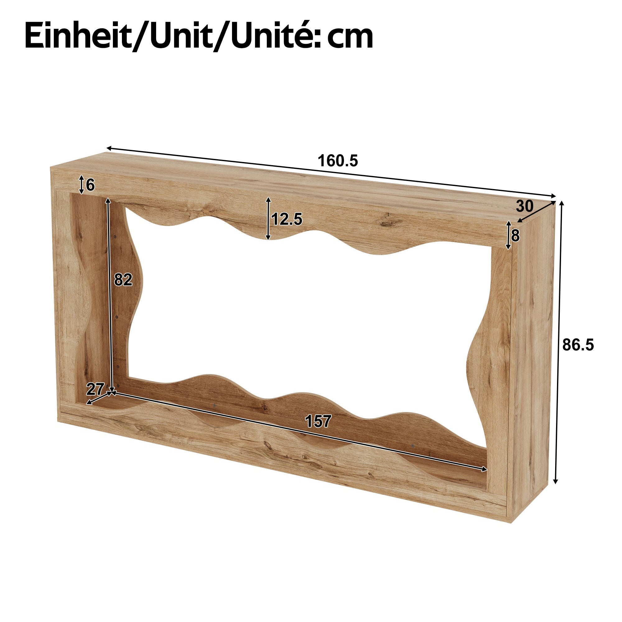 Table console à 2 niveaux avec design ondulé - 160,5 x 30 x 86,5 cm - Panneaux de particules - Structure ajourée effet bois - Naturel - 4