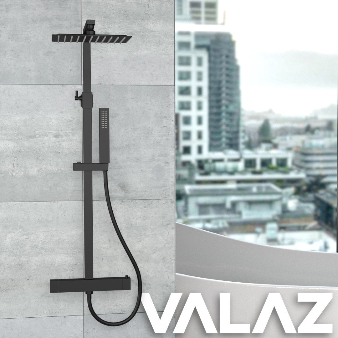 Valaz Barre de douche thermostatique carrée réglable jusqu'à 120 cm noir mat - Série Segura - 20 cm - 5