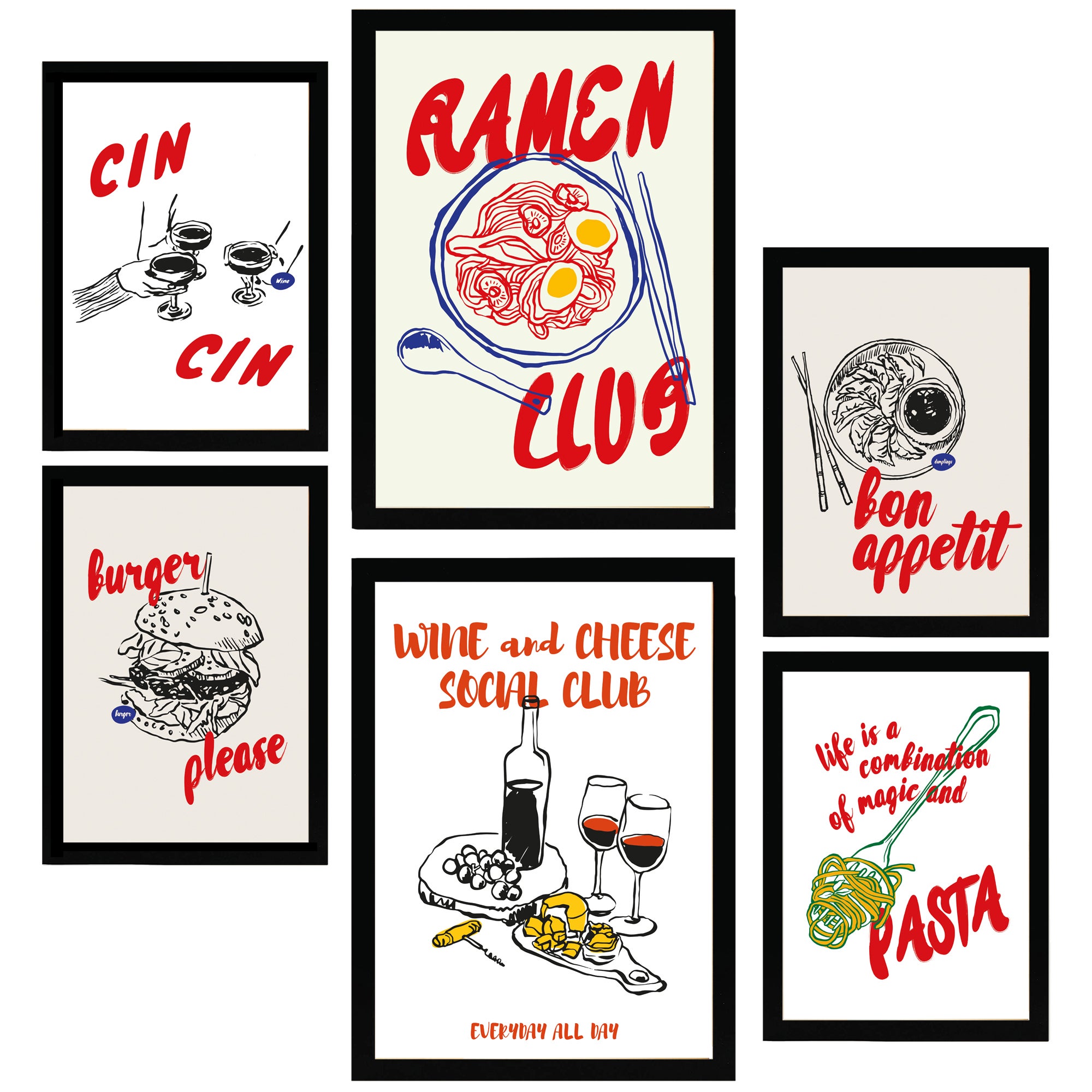 Nacnic set de 6 pósters ilustraciones de alimentos y comida estilo pop art ramen y pasta marco negro