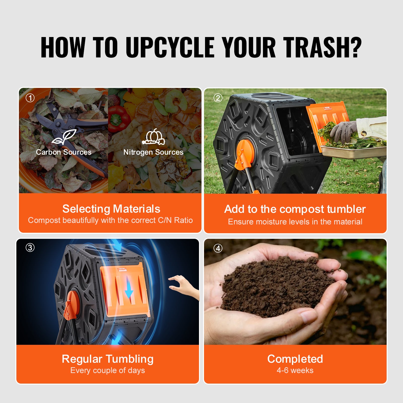 Composteur de Jardin Rotatif VEVOR 70 L Bac à Compost Rotatif 360° en PP et Acier sans BPA Charge 20 kg Chambre Unique pour Compostage des Déchets - 6
