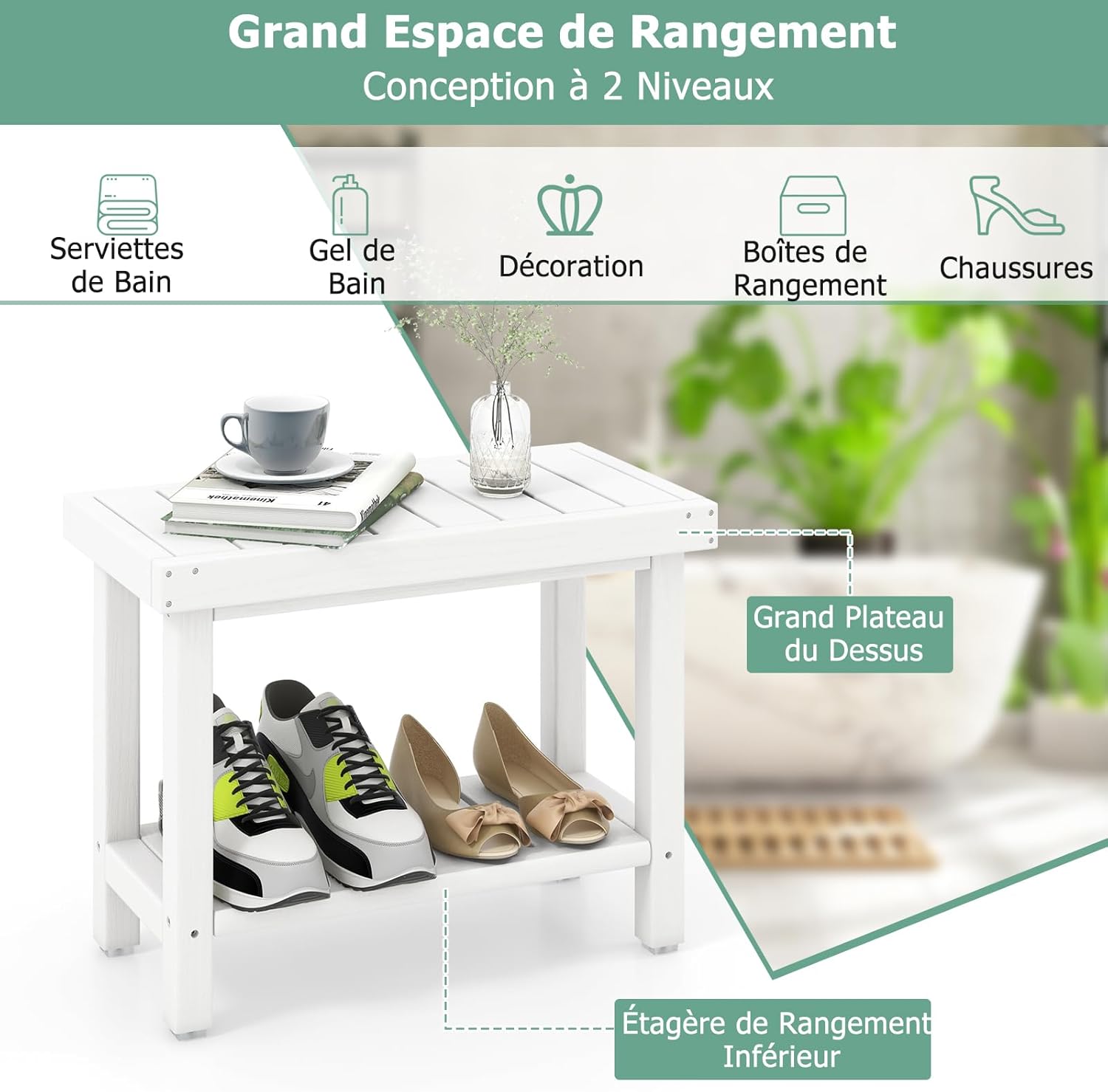 Banc de Douche à 2 Niveaux, Tabouret de Douche de Salle de Bain Étanche en HDPE avec Étagère de Rangement et Patins Antidérapants Our Baignade - 4
