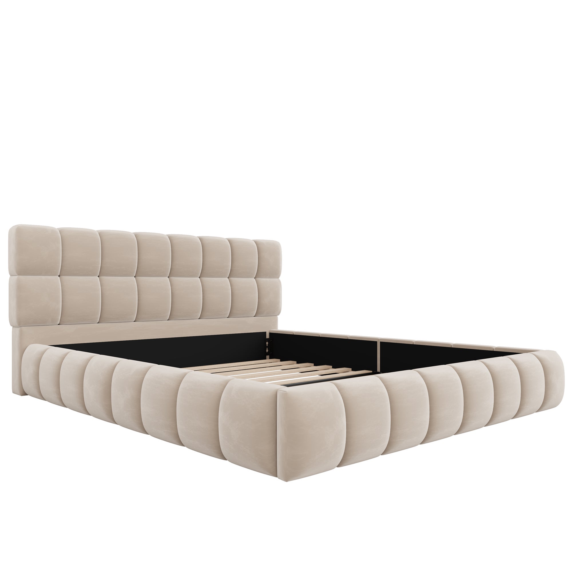 Lit double rembourré 140x190 cm, tête de lit rembourrée, cadre matelassé , pour jeunes et adultes, velours, beige - 3