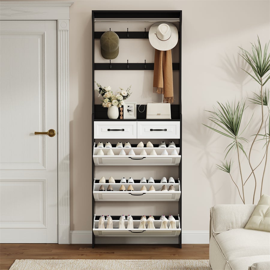 Scarpiera con appendiabiti, nera, 3 ante e 2 cassetti, pratica e modulare - 4
