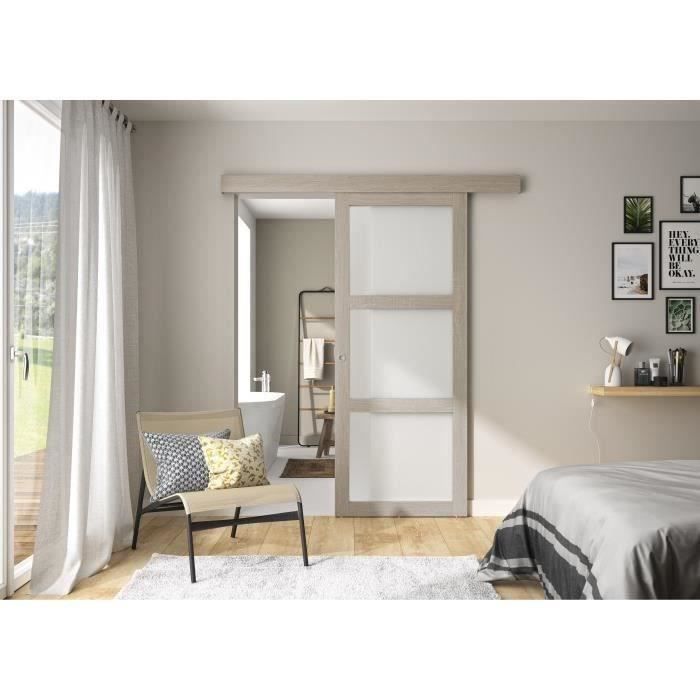 Kit porte coulissante 3 carreaux Vérone décor chêne taupe + rail 2 amortisseurs + cache rail décor assorti - H 204 cm x L 83 cm - 6